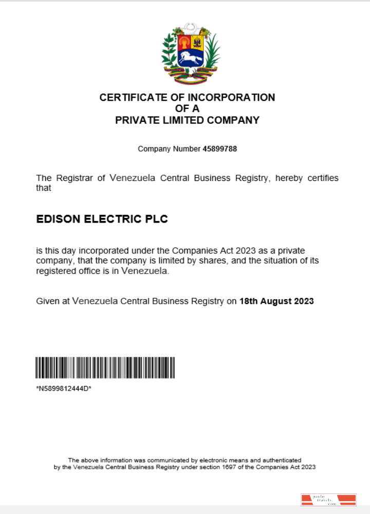 Venezuela business registration certificate Word and PDF template